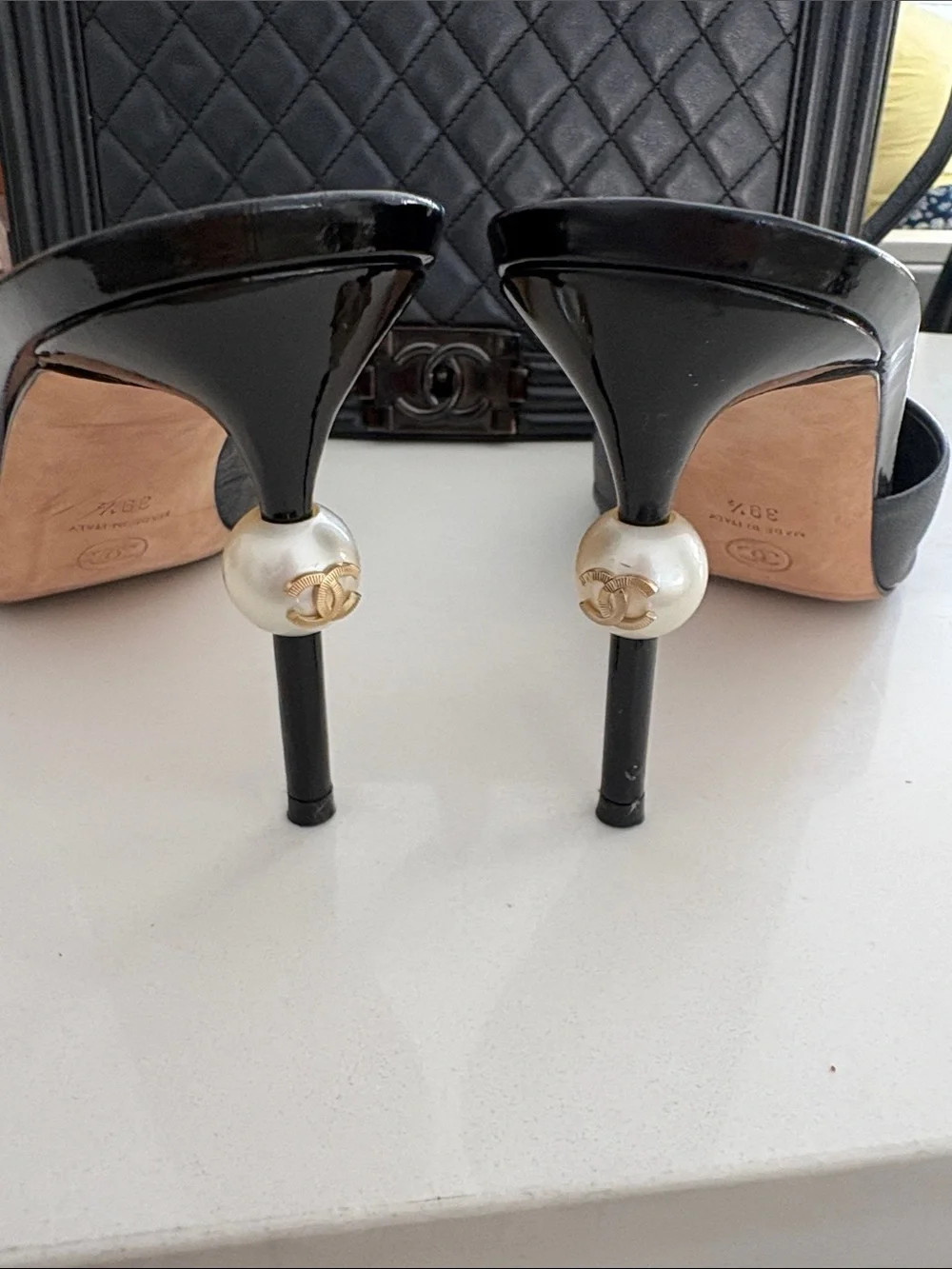 CHANEL Black Leather Pointed Toe Slide Mules with Patent Cap - Picture 2 of 6